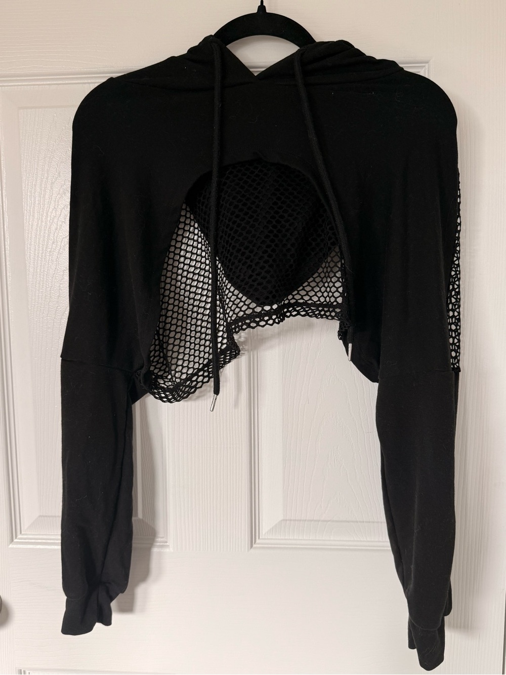 Black Cropped Hoodie with Mesh Panel - Women's Top